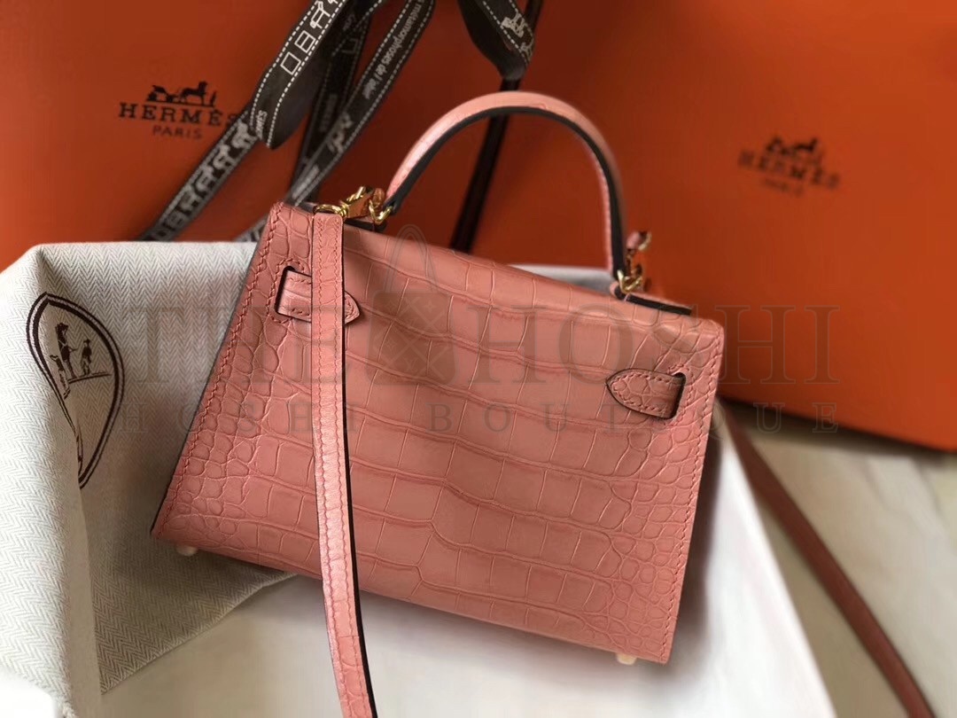 H**me5 Kelly Mini II Bag In Pink Crocodile Embossed Leather Master Quality