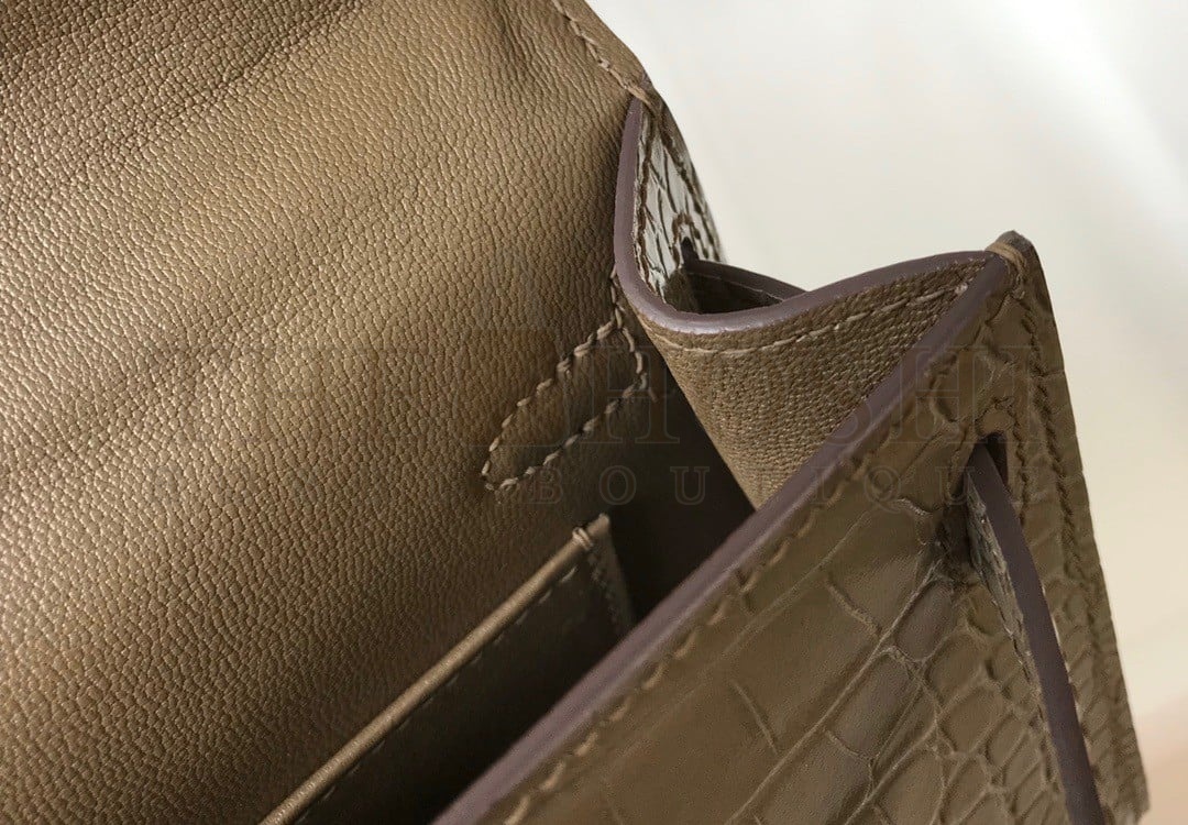 H**me5 Kelly Mini II Sellier Bag In Taupe Crocodile Embossed Leather Master Quality