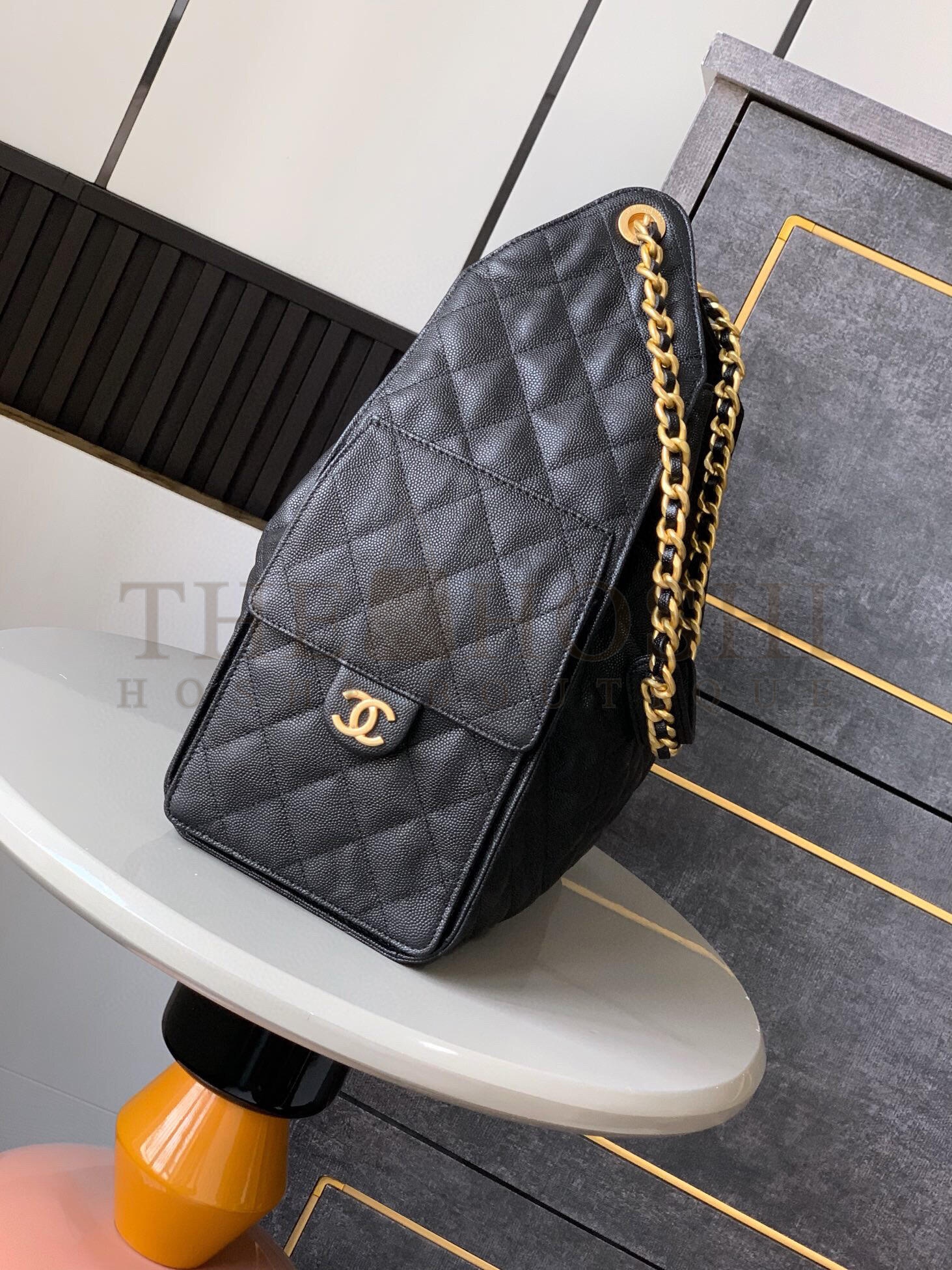 Ch**el 25C AS5631 Hobo Drawstring Bag Black Caviar Leather with Gold Chain 40*15*30CM Master Quality