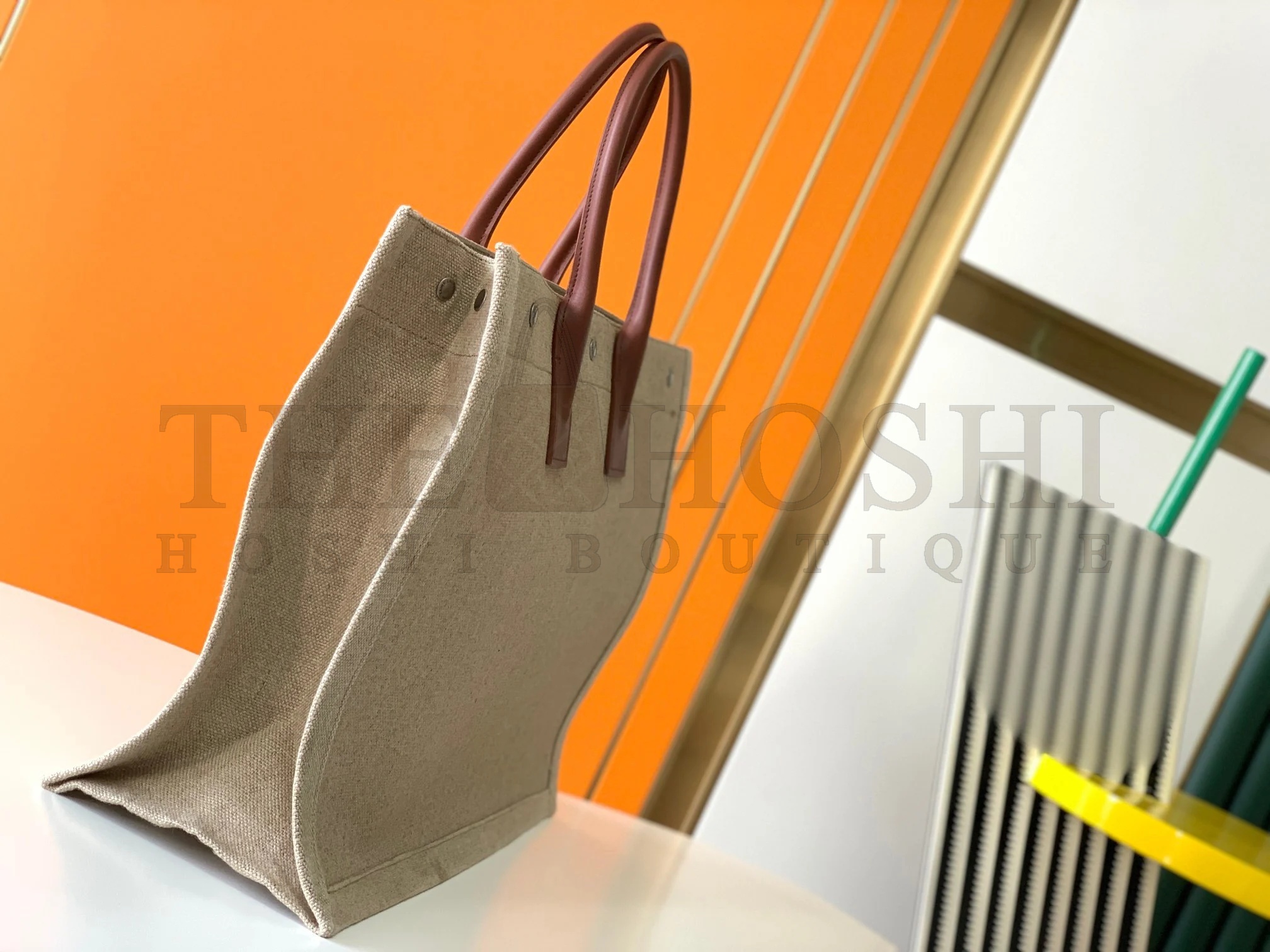 Sa1nt Lau*nt Rive Gauche Tote Bag in White Linen and Brown Leather Master Quality
