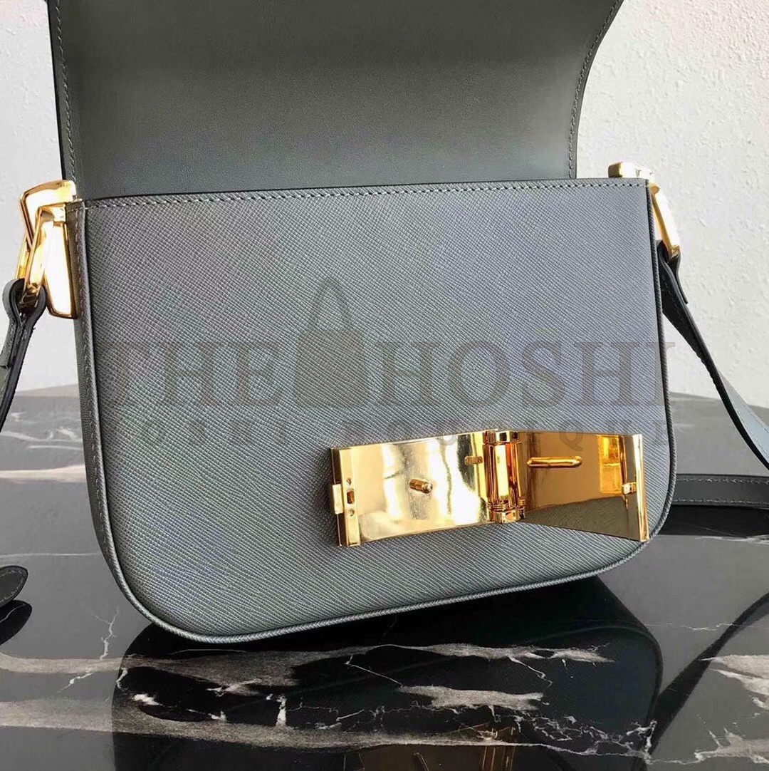 Pra*a Embleme Shoulder Bag In Grey Saffiano Leather Master Quality