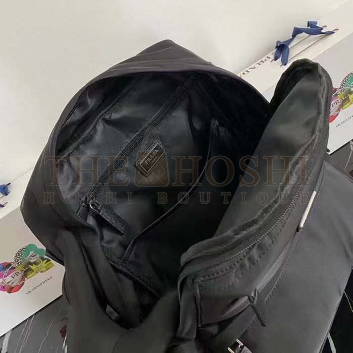 Pra*a Unisex Re-Nylon Saffiano Leather Backpack Black Fabric Zipper Master Quality