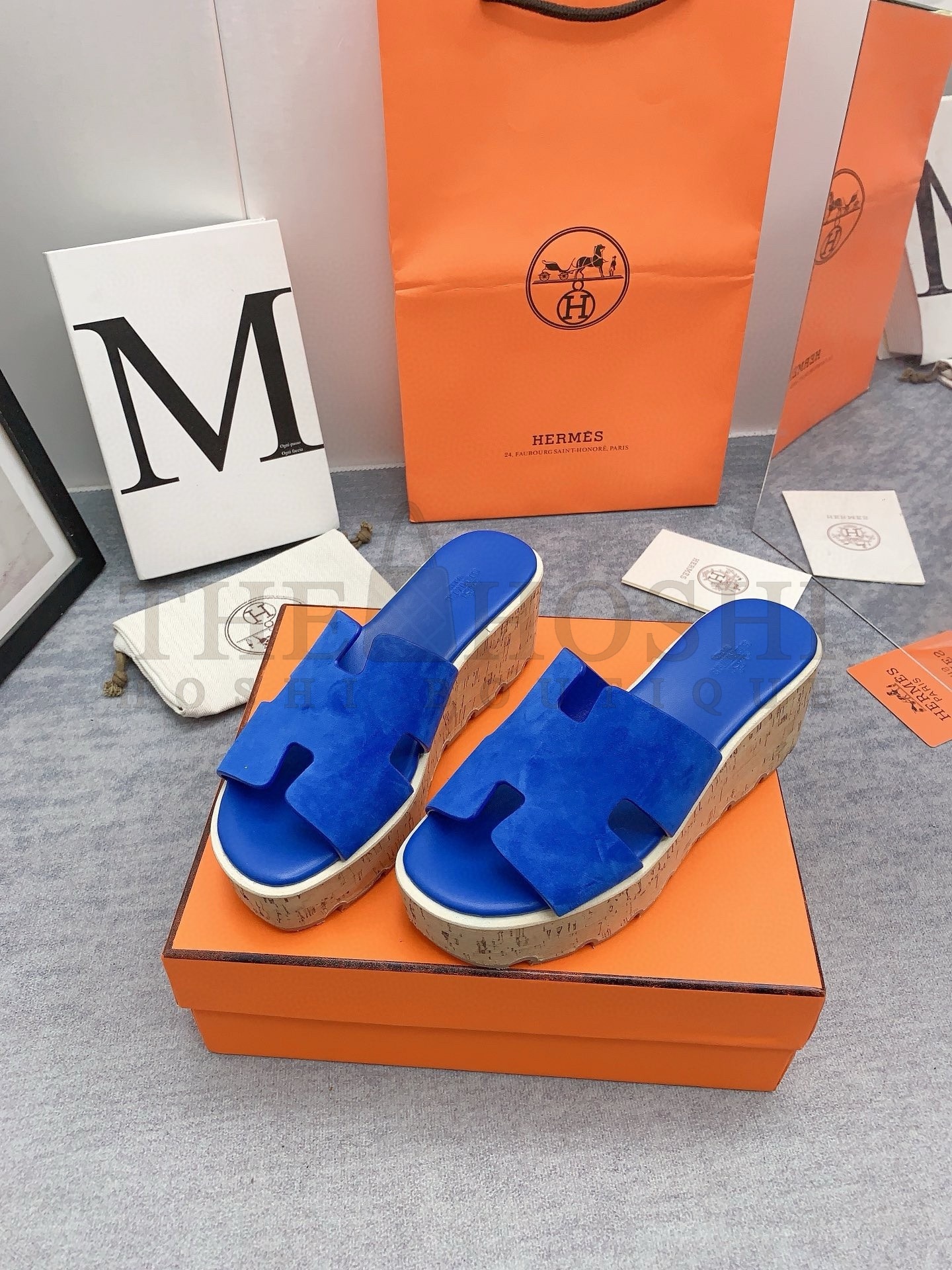 H**me5 Eze 30 Cork Platform Sandals in Blue Suede Leather Master Quality