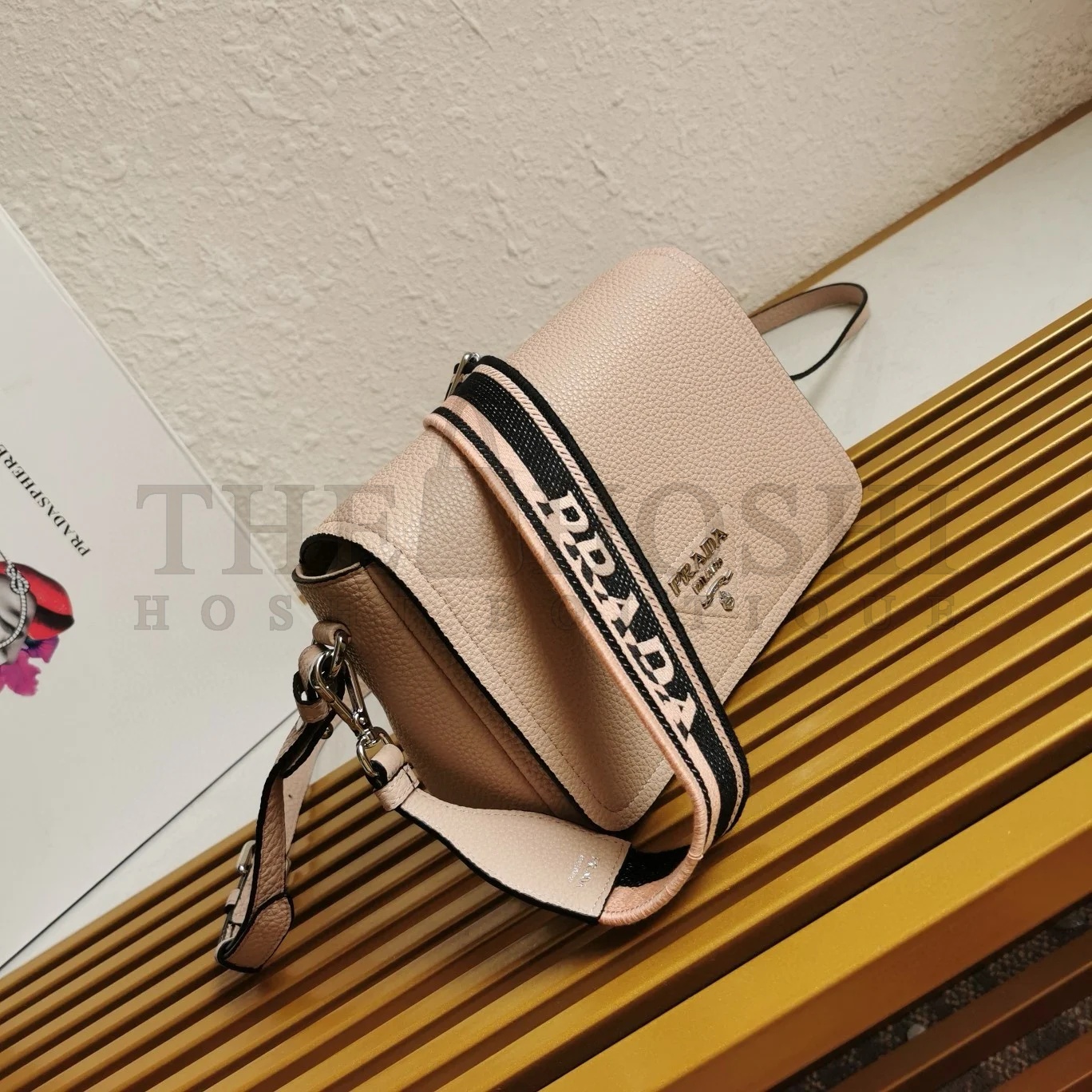 Pra*a Flap Shoulder Bag in Light Pink Grained Leather Master Quality