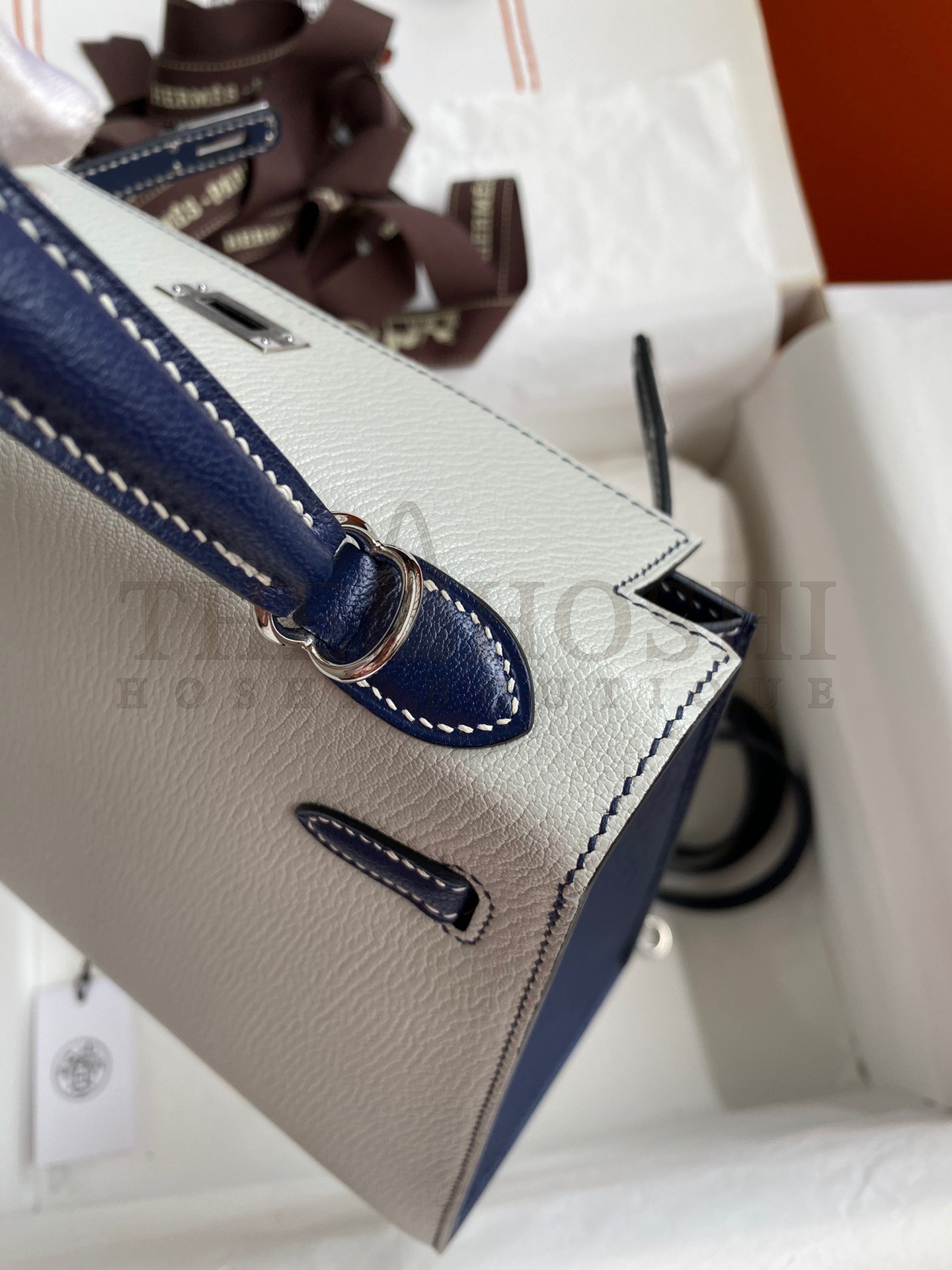 H**me5 Kelly Sellier 25 Bicolor Bag in Pearl Grey and Blue Mysore Goatskin Master Quality