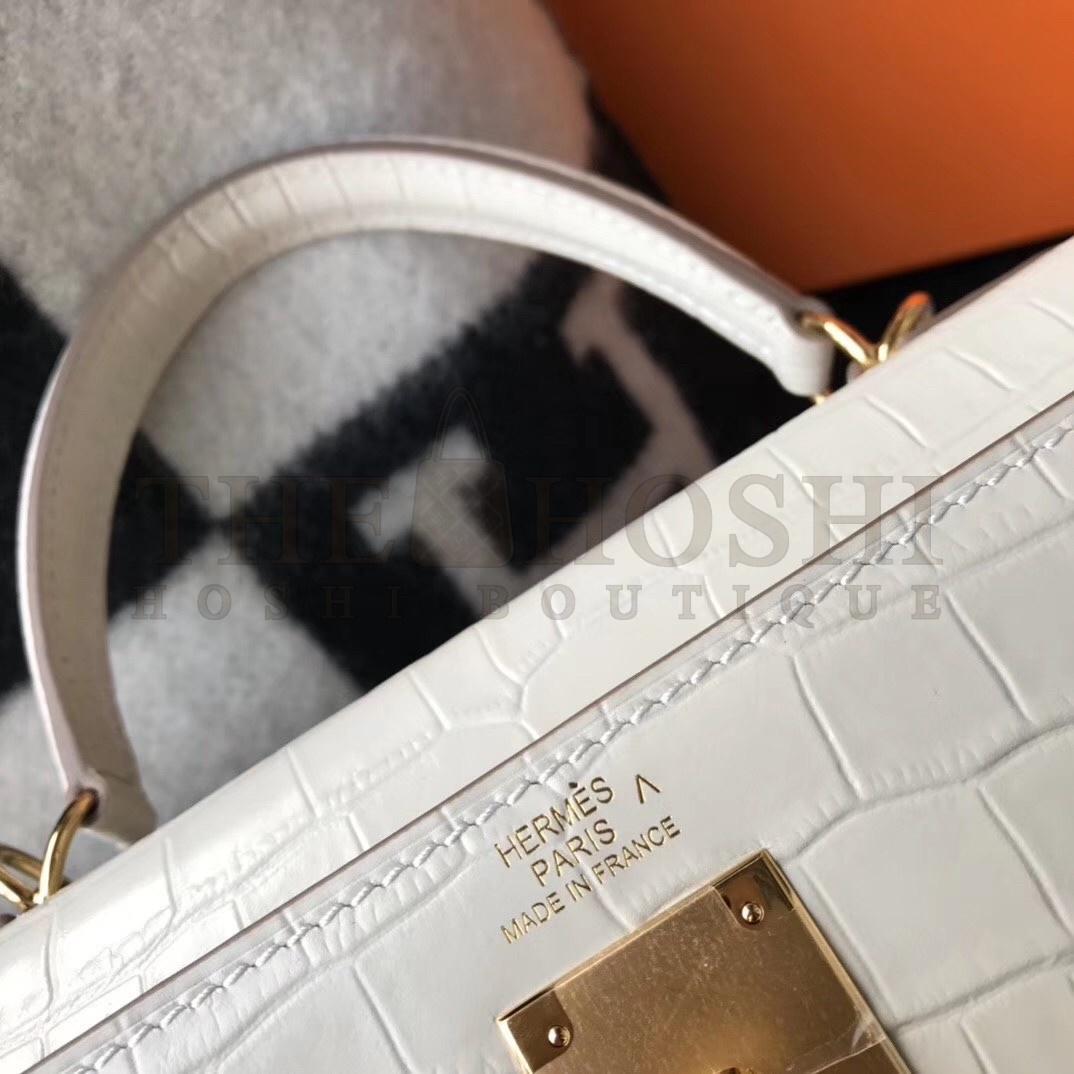 H**me5 Kelly 25cm Bag In White Embossed Crocodile Master Quality