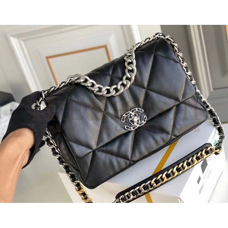 Ch**el Women 19 Large Handbag Lambskin Gold Silver-Tone Ruthenium-Finish Metal Black Master Quality