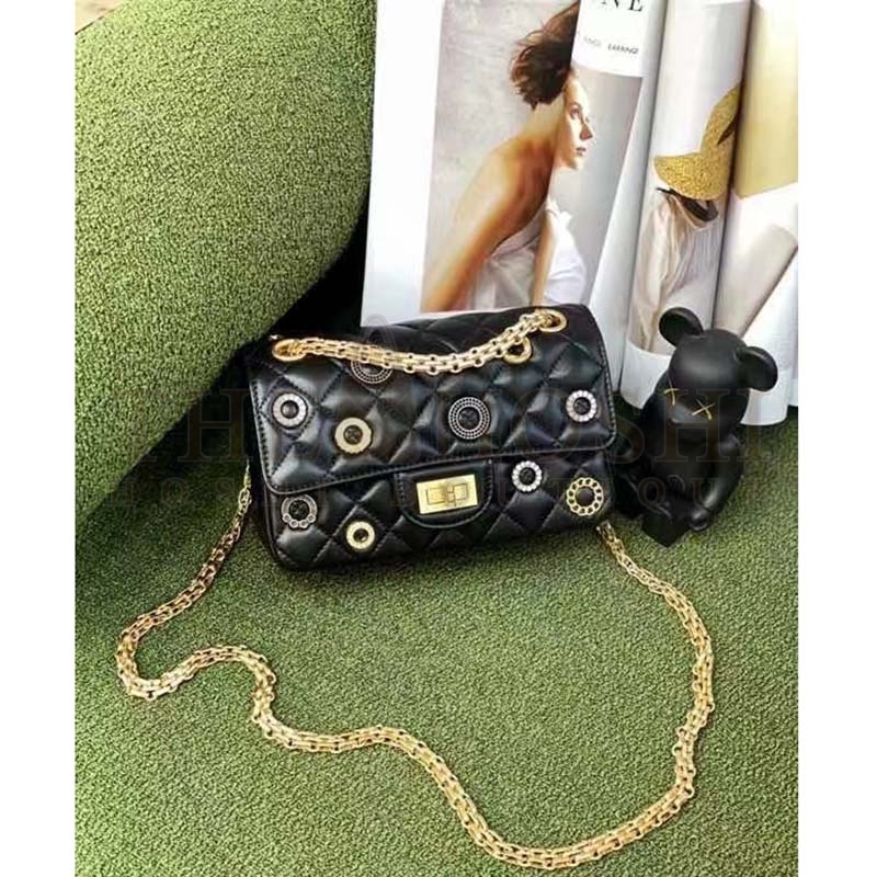 Ch**el Women CC 2.55 Handbag Calfskin Strass Glass Pearls Gold Silver Tone Black Master Quality