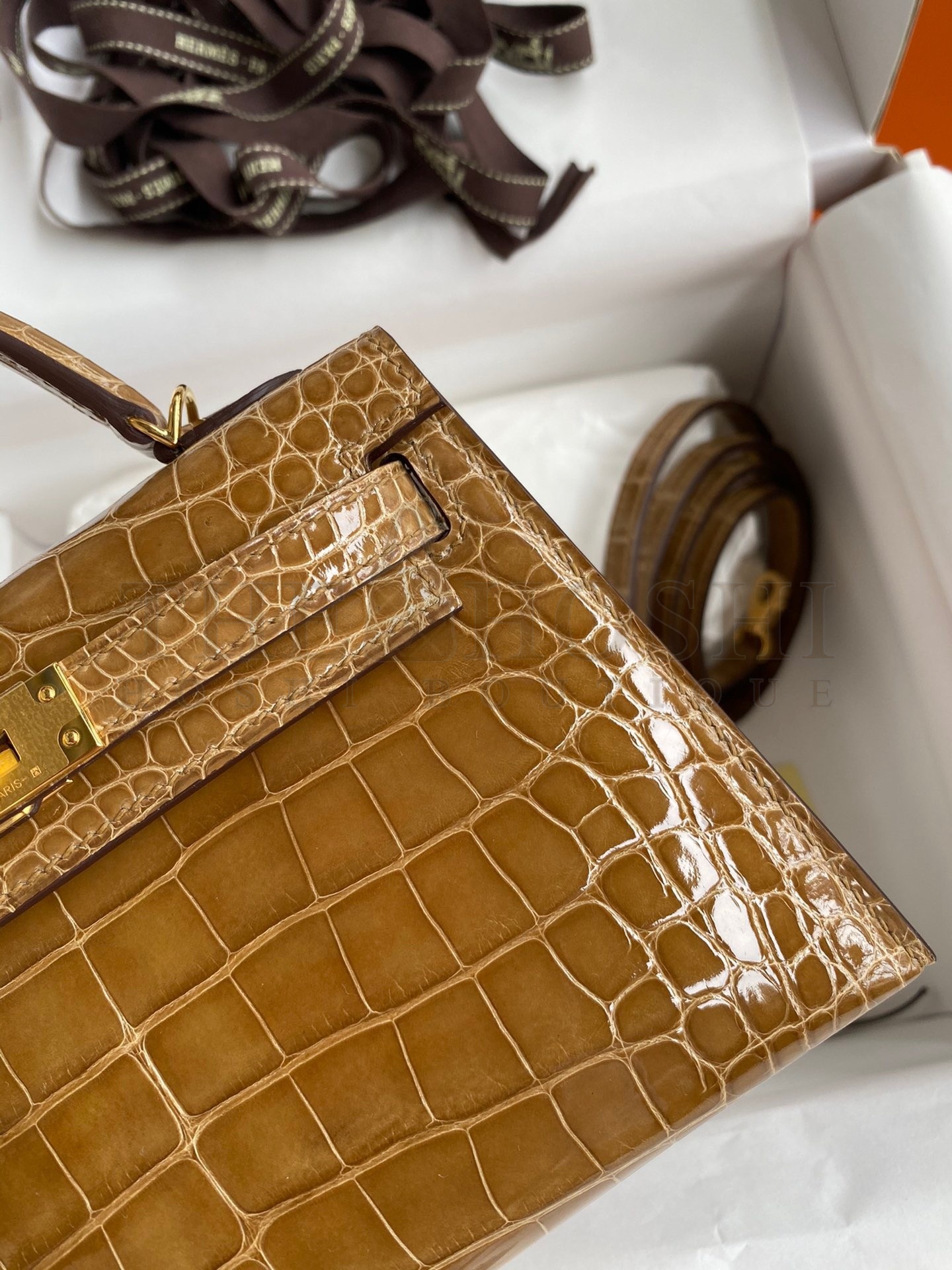 H**me5 Kelly Mini II Sellier Handmade Bag In Ficelle Shiny Alligator Leather Master Quality