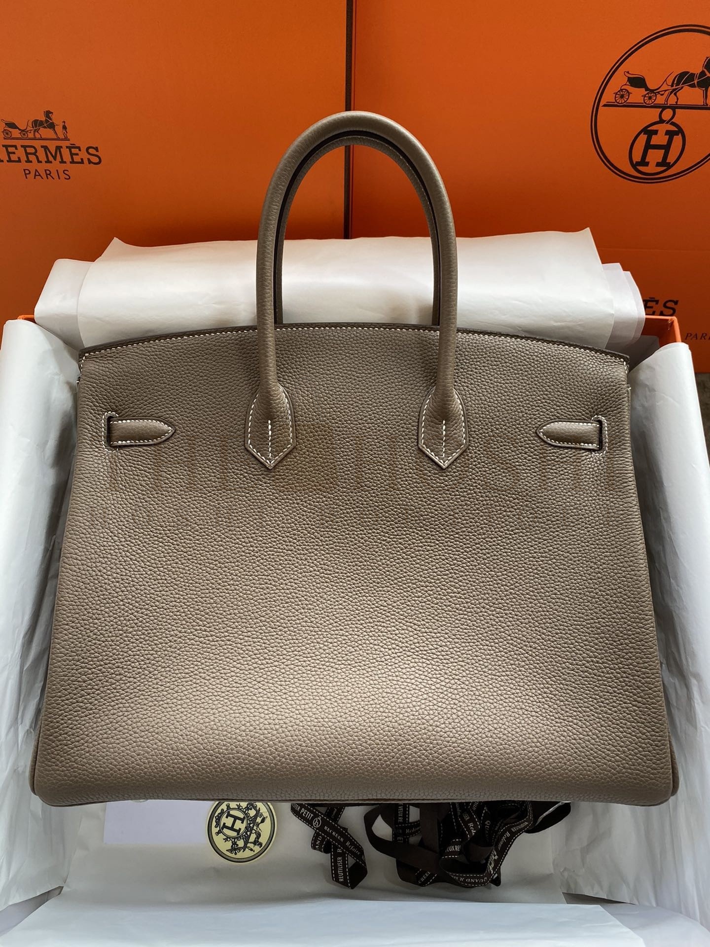 H**me5 Birkin 35 Retourne Handmade Bag In Taupe Clemence Leather Master Quality