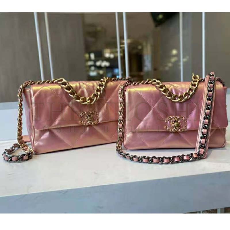 Ch**el Women 19 Flap Bag Lambskin Gold Silver-Tone Ruthenium-Finish Metal Coral Master Quality