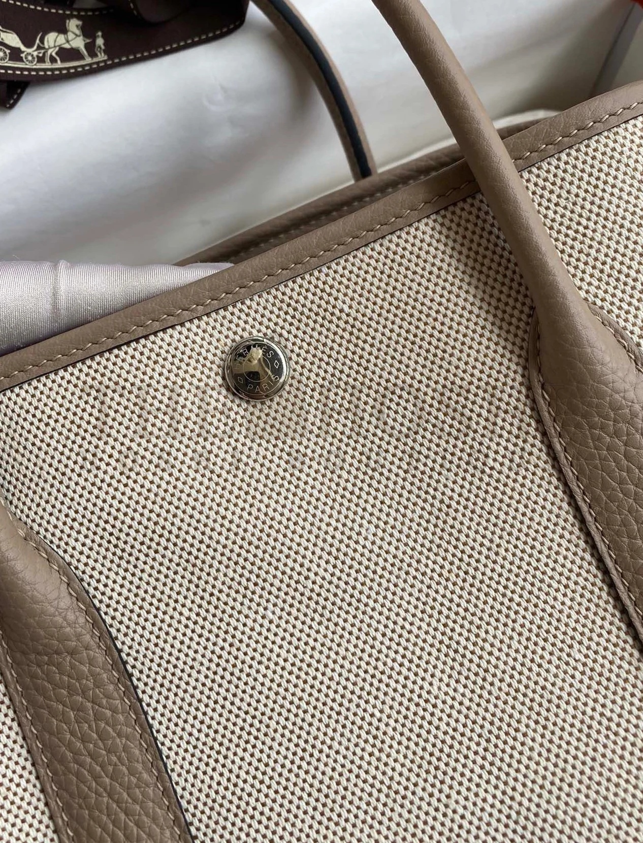 H**me5 Garden Party 30 Handmade Bag in Toile and Tourterelle Leather Master Quality