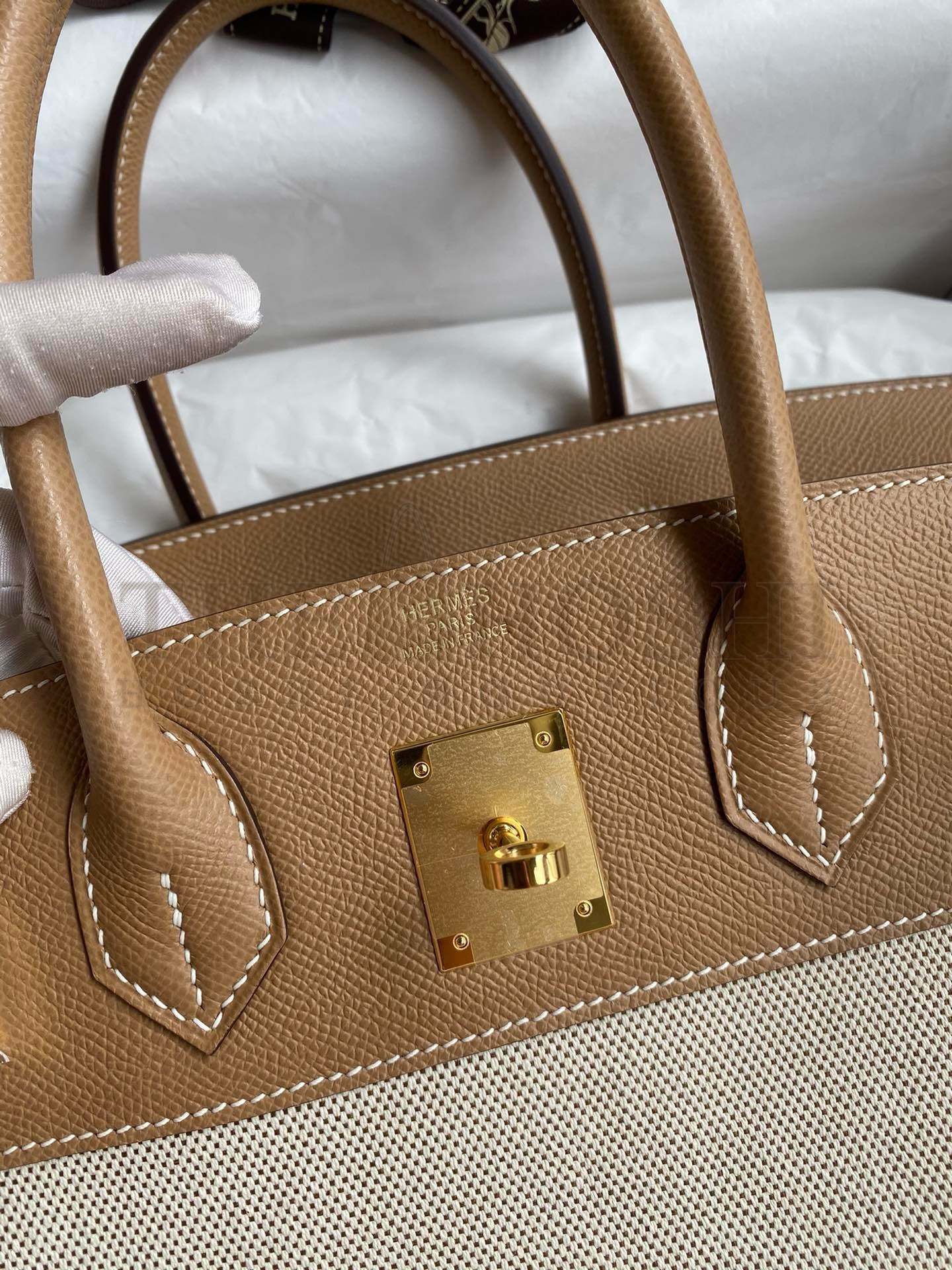 H**me5 Birkin 30 Handmade Bag In Toile &amp; Chai Epsom Leather Master Quality