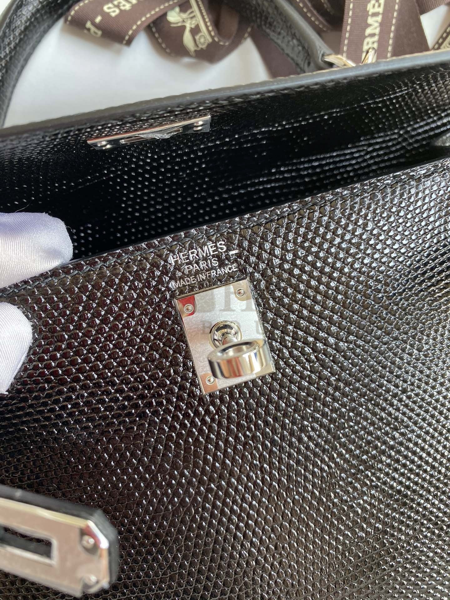 H**me5 Kelly Sellier 25 Handmade Bag In Black Lizard Leather Master Quality