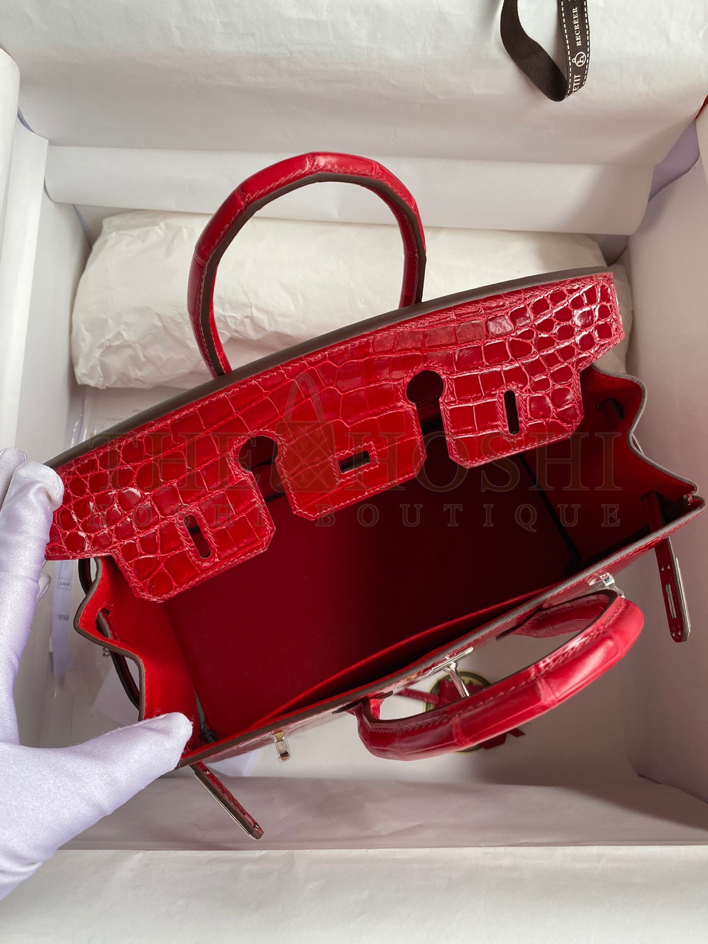 H**me5 Birkin 25 Handmade Bag In Red Crocodile Porosus Shiny Skin Master Quality
