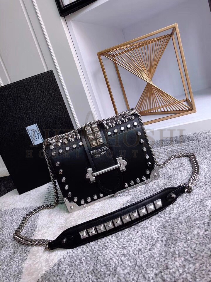 Pra*a Cahier Black Leather Shoulder Bag with Studded Master Quality