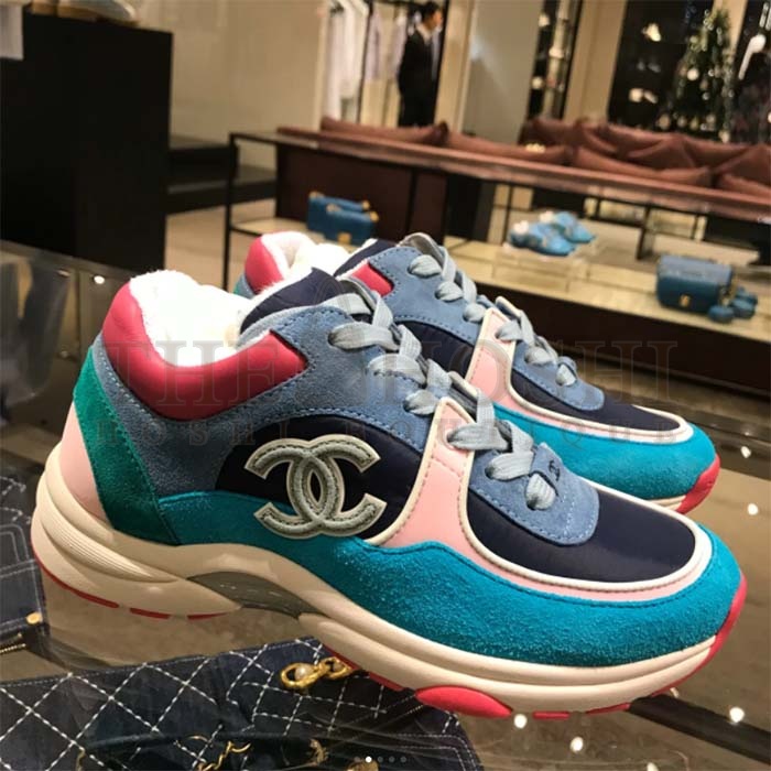 Ch**el Women CC Low Top Logo Sneakers Calfskin Suede Blue Leather Master Quality