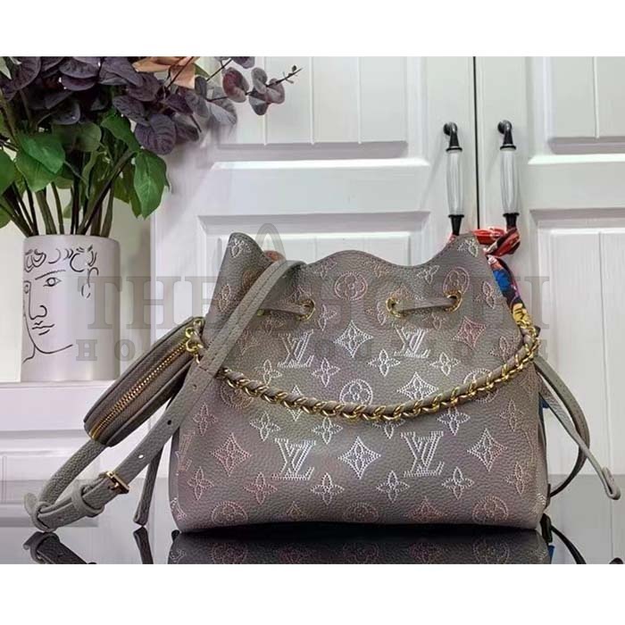L0vis Vvtt0n LV Women Bella Bucket Bag Gray Mahina Perforated Calfskin Leather Microfiber Lining Master Quality