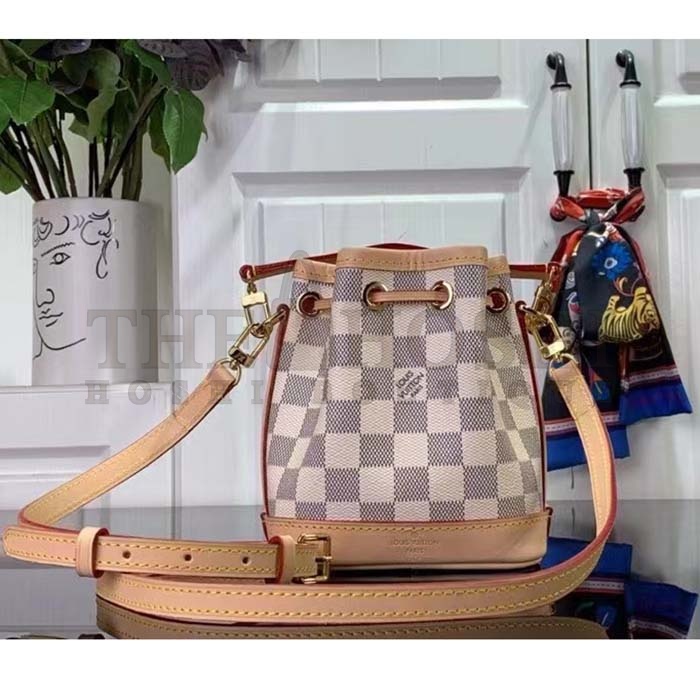 L0vis Vvtt0n LV Women Nano Noé Bucket Bag Dragon Fruit Pink Damier Azur Coated Canvas Master Quality