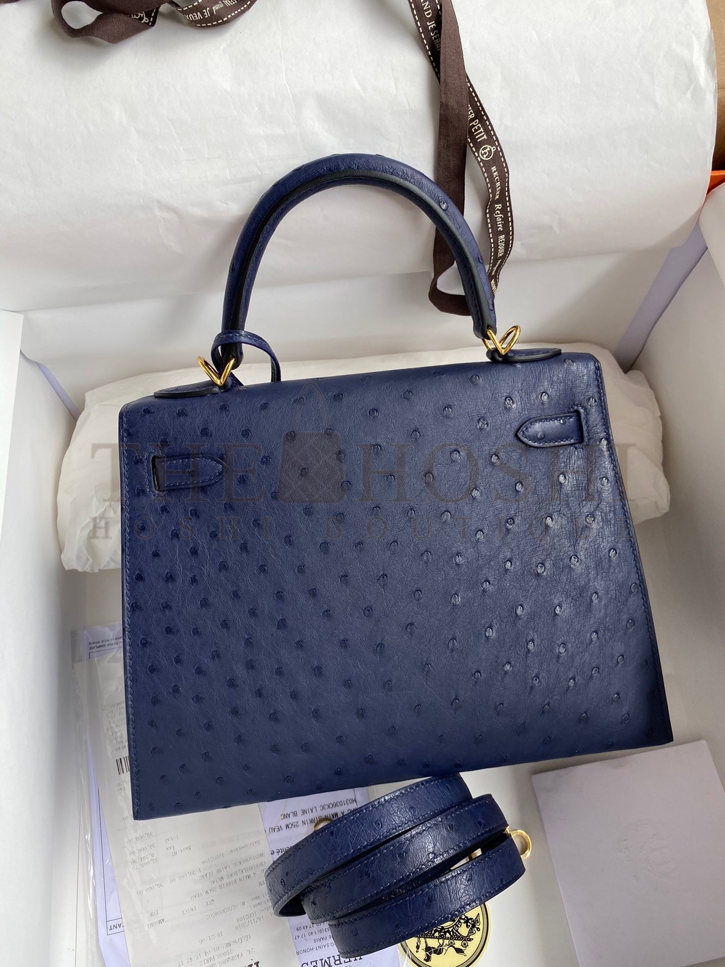 H**me5 Kelly Sellier 25 Handmade Bag In Blue Iris Ostrich Leather Master Quality