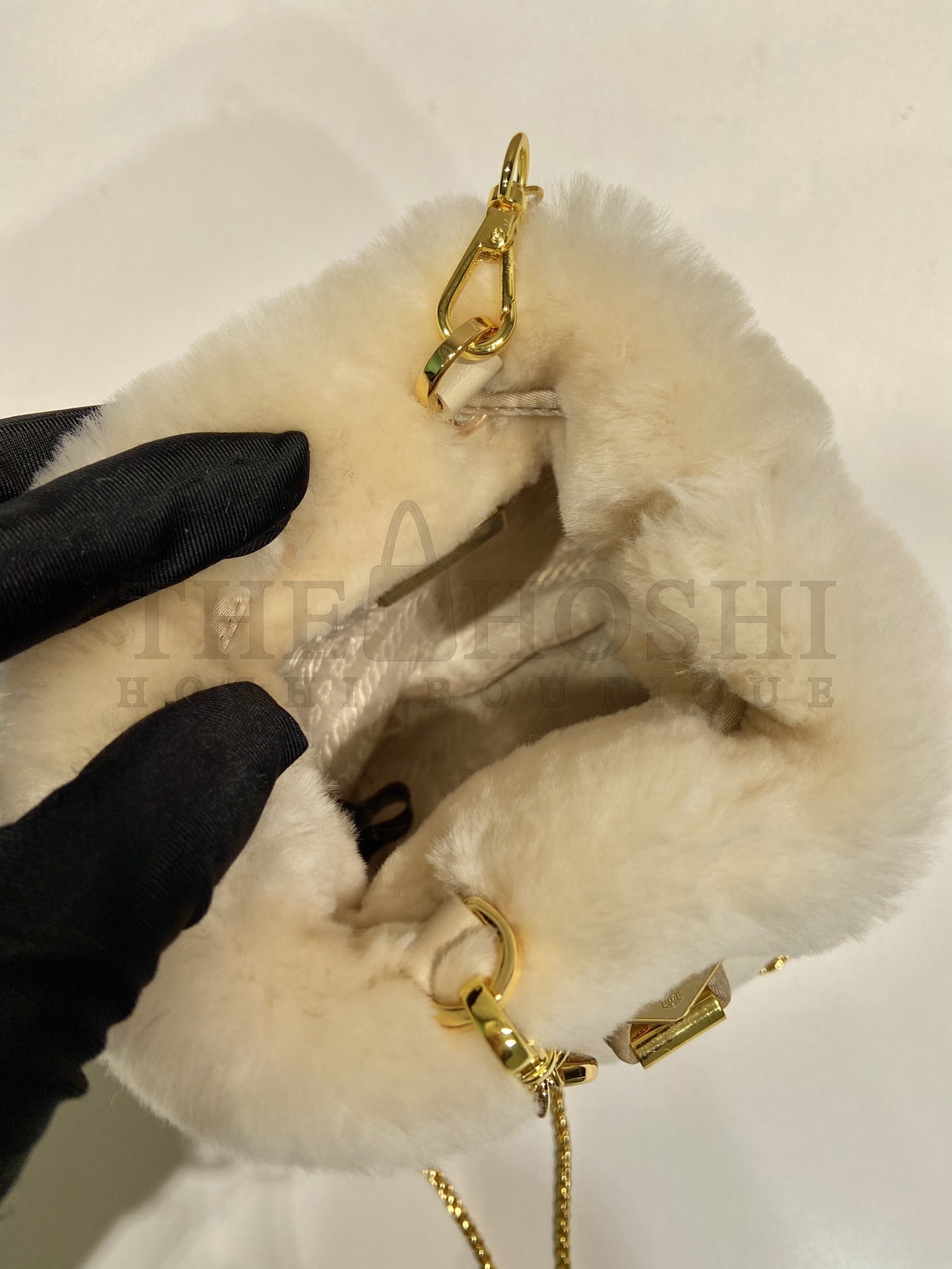 Pra*a Women Sheepskin Mini Pouch-Beige bag 9 x 9.5 x 6 cm Master Quality