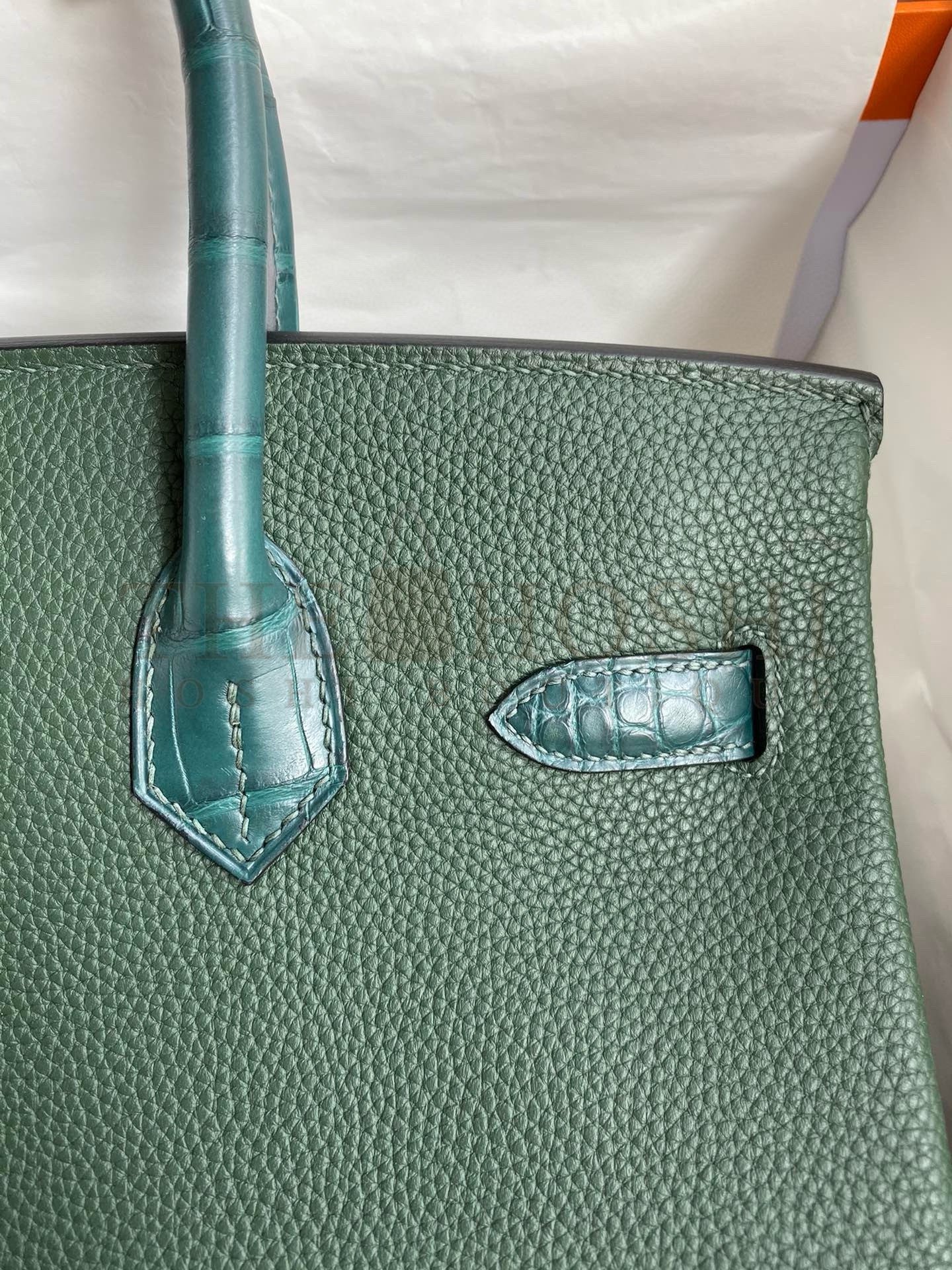 H**me5 Touch Birkin 30 Bag in Green Clemence and Matte Alligator Leather Master Quality