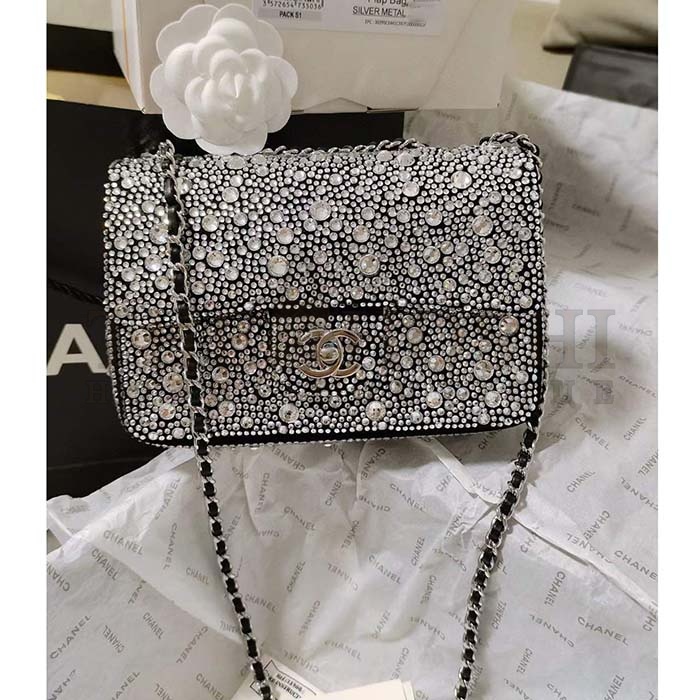 Ch**el CC Women Mini Flap Bag Satin Strass Silver-Tone Metal Silver Master Quality