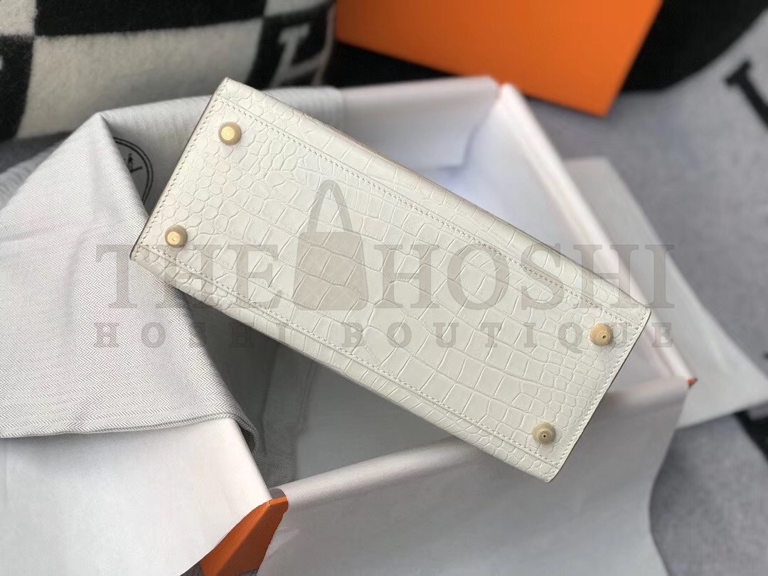 H**me5 Kelly 25cm Bag In White Embossed Crocodile Master Quality
