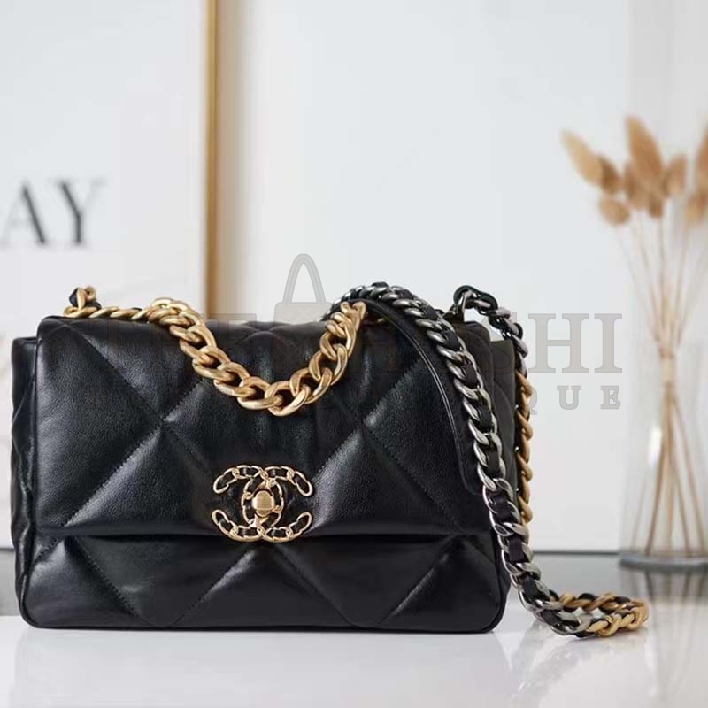 Ch**el Women 19 Large Handbag Black Lambskin Gold Silver-Tone Ruthenium-Finish Metal Master Quality