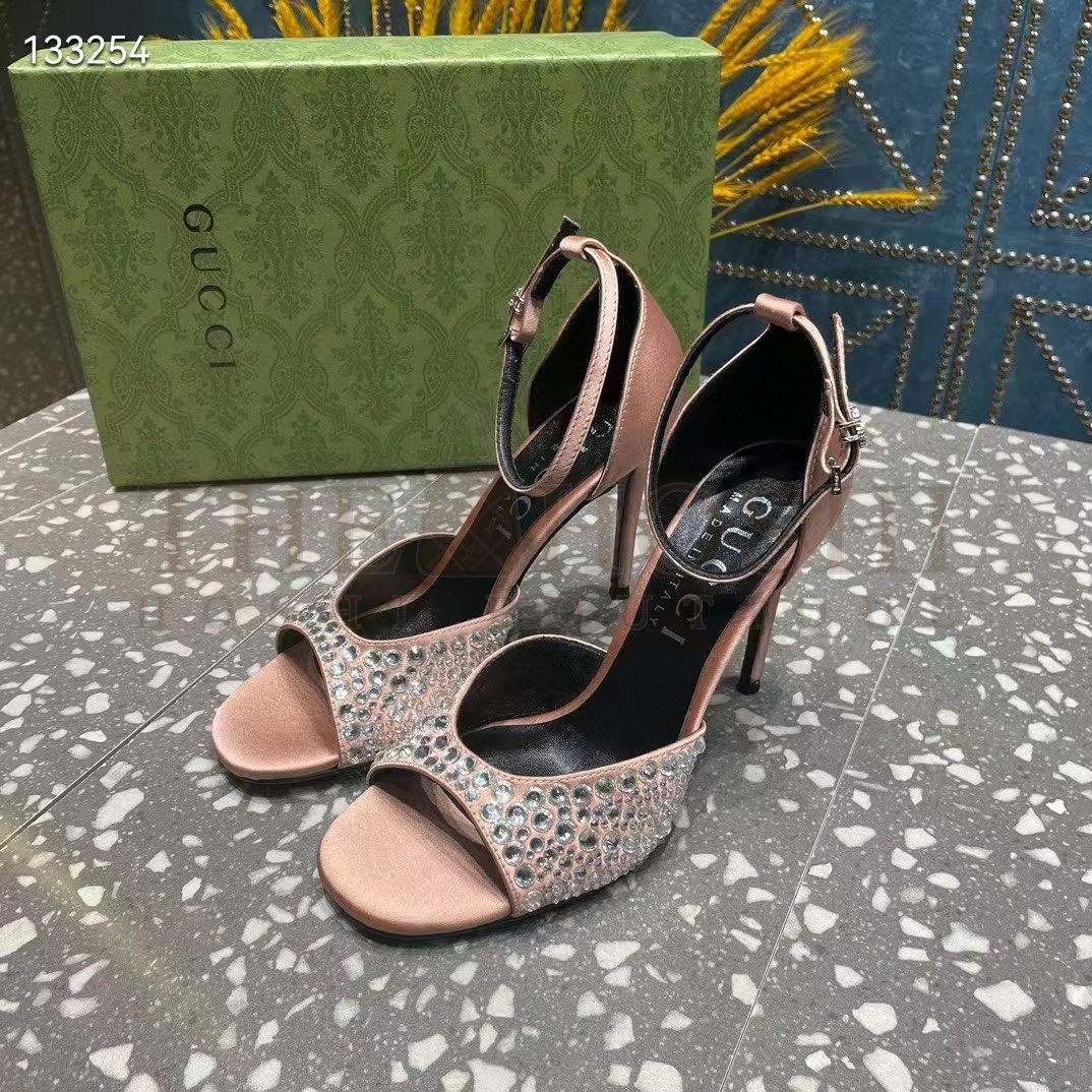 Gvc*1 Women G2 Mid-Heel Sandals Crystals Silver Satin 8 CM Heel Double G Master Quality