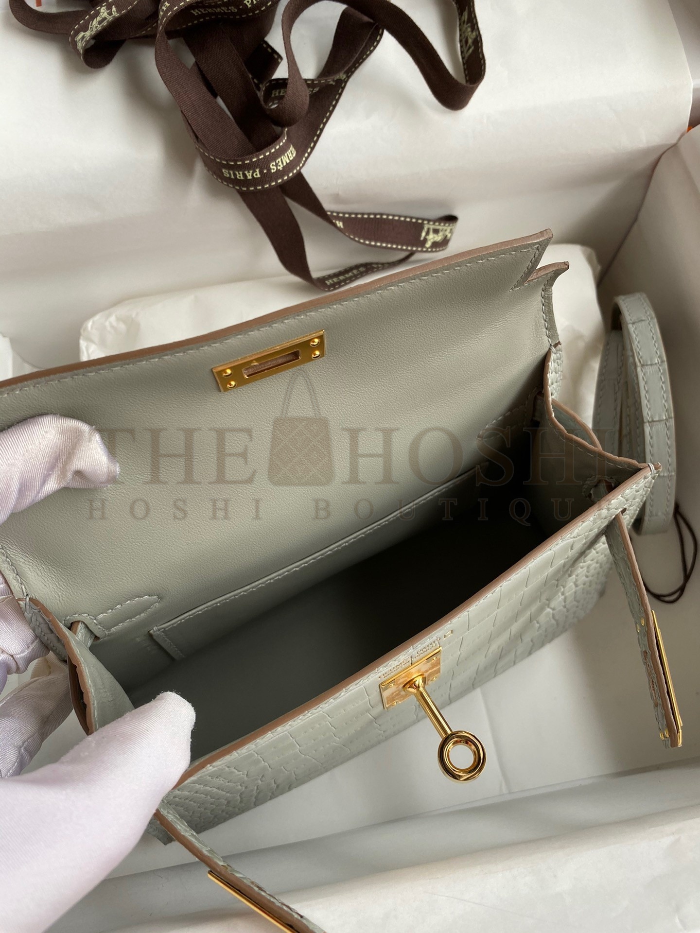 H**me5 Kelly Mini II Sellier Handmade Bag In Pearl Grey Matte Alligator Leather Master Quality