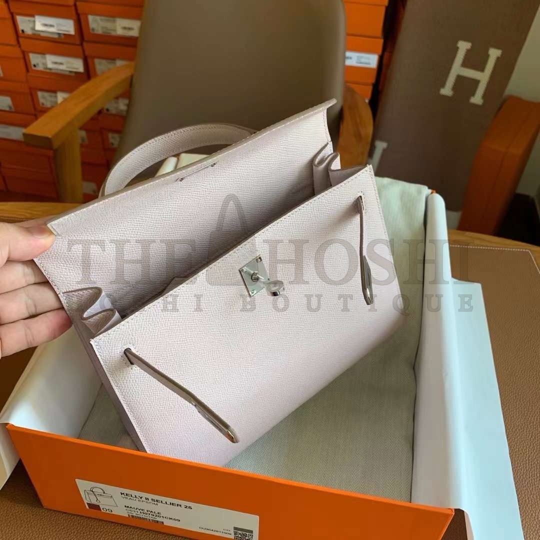 H**me5 Kelly Sellier 25 Handmade Bag In Mauve Pale Epsom Calfskin Master Quality