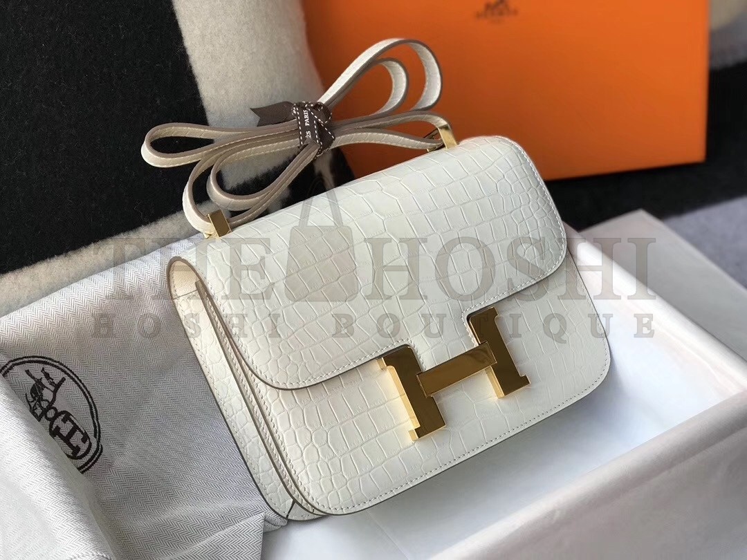 H**me5 Constance 24cm Bag In White Embossed Crocodile Master Quality