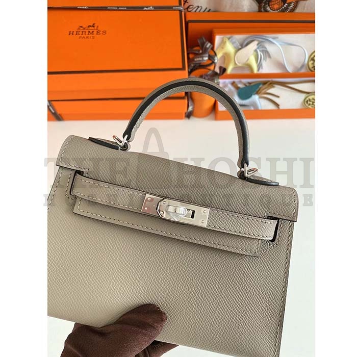 H**me5 Women Mini Kelly 20 Bag Epsom Leather Silver Hardware-Grey Master Quality