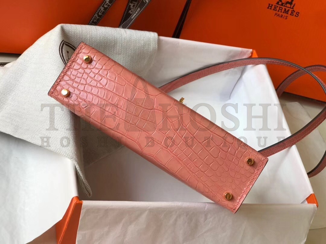 H**me5 Kelly Mini II Bag In Pink Crocodile Embossed Leather Master Quality