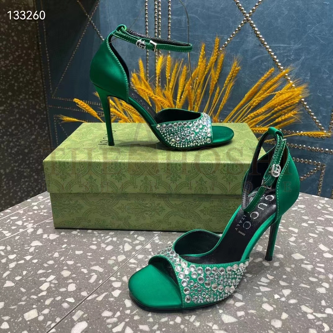 Gvc*1 Women G2 Mid-Heel Sandals Crystals Emerald Green Satin 11 CM Heel Double G Master Quality