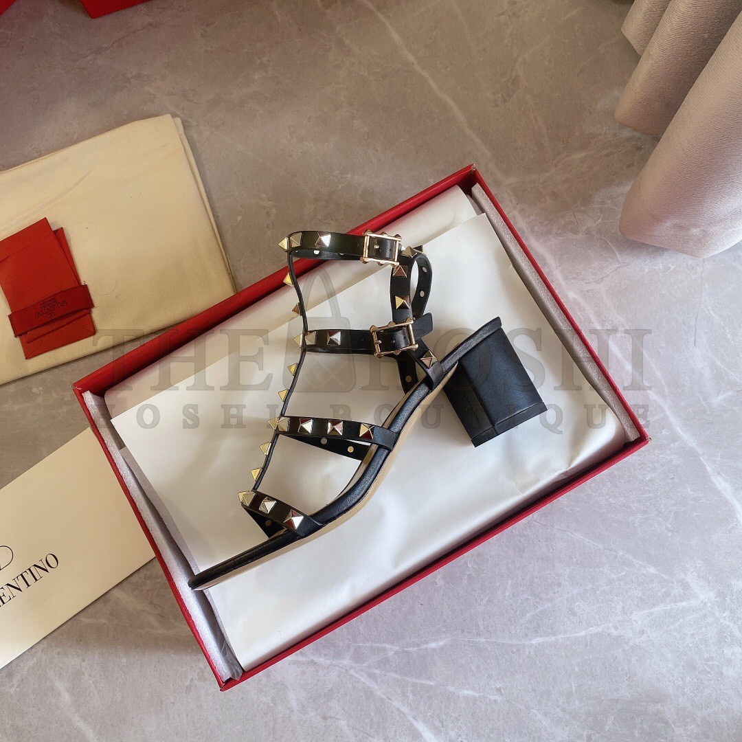 Va1e*ntin0 Rockstud Ankle Strap Sandals 60mm In Black Calfskin Master Quality