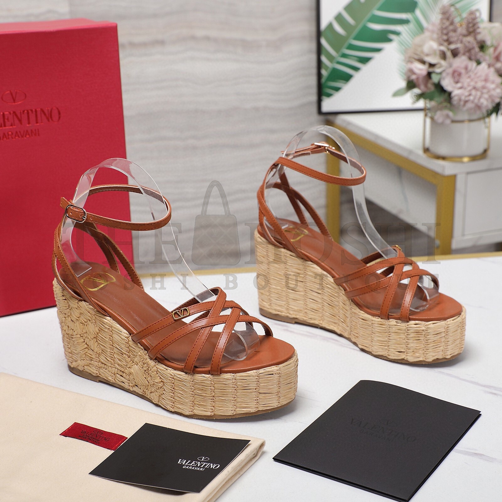 Va1e*ntin0 Raflower Wedge Sandals in Brown Calfskin Master Quality