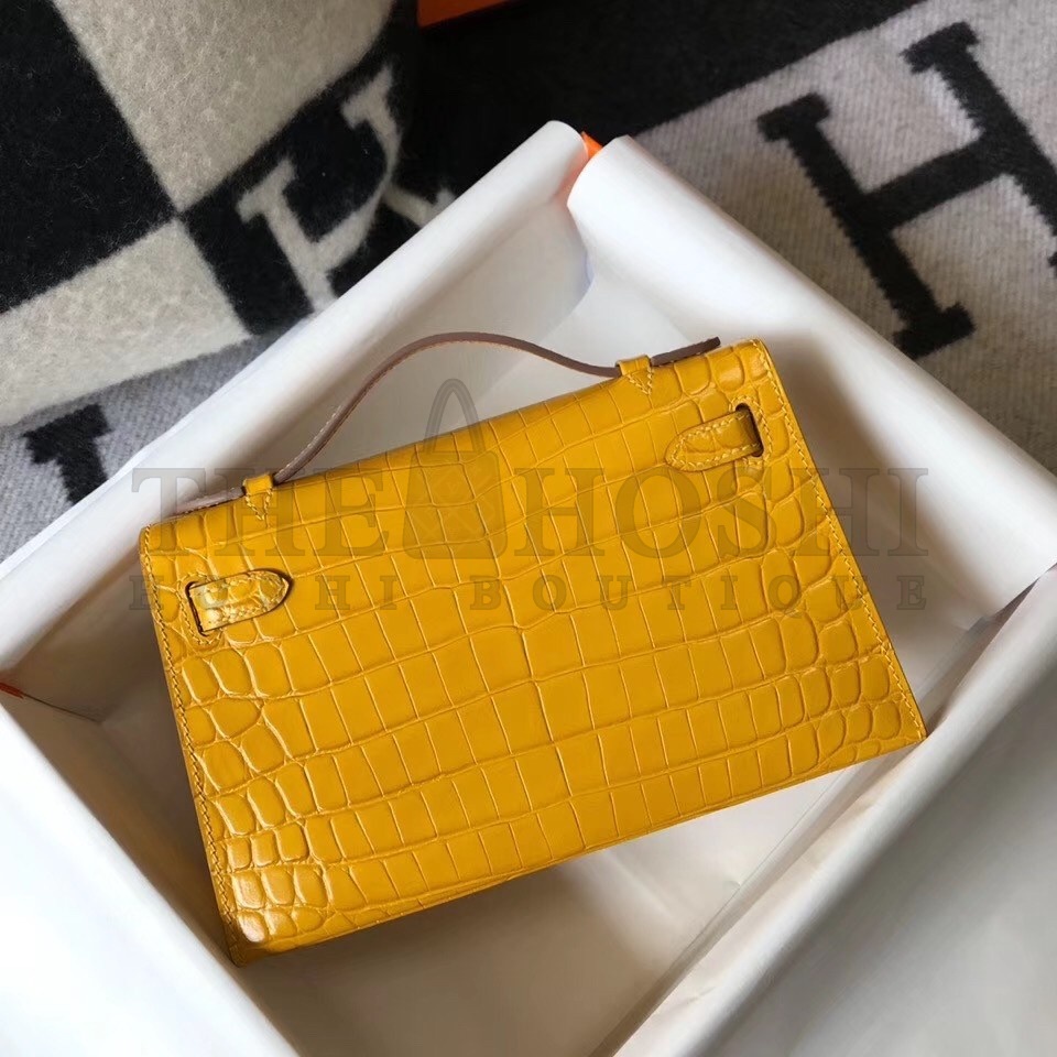 H**me5 Kelly Pochette Bag In Yellow Embossed Crocodile Leather Master Quality