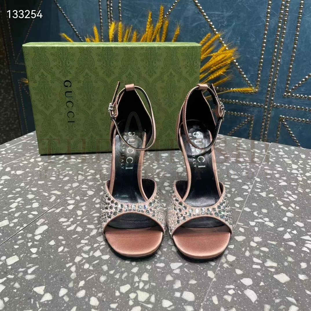 Gvc*1 Women G2 Mid-Heel Sandals Crystals Silver Satin 8 CM Heel Double G Master Quality