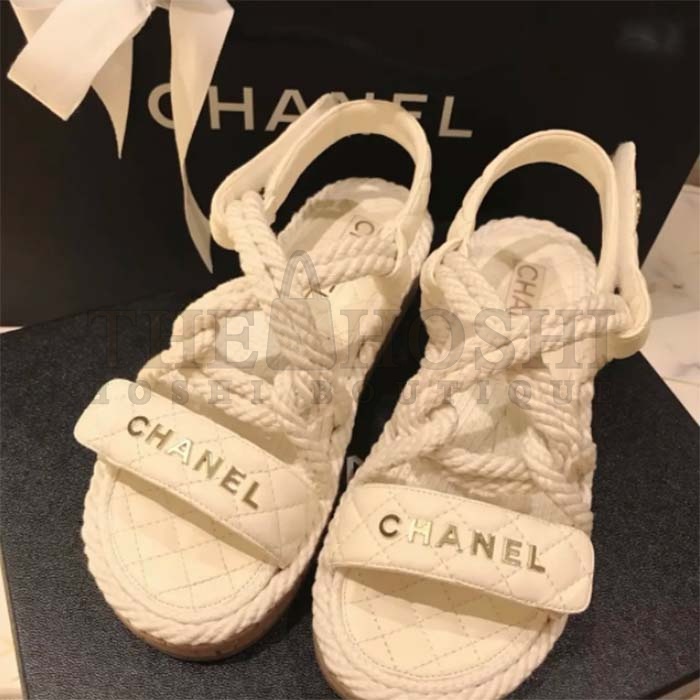 Ch**el Women CC Cotton Tweed White Sandals Calfskin Leather Cotton 1 CM Heel Master Quality