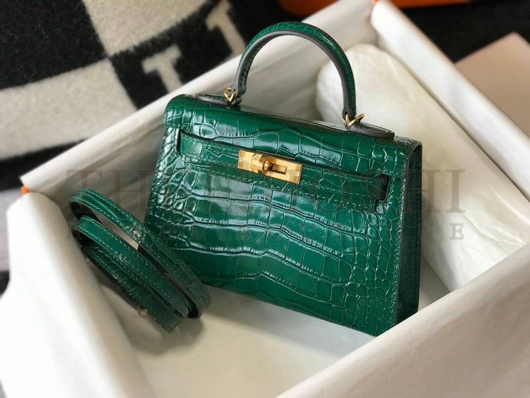 H**me5 Kelly Mini II Sellier Bag In Green Crocodile Embossed Leather Master Quality