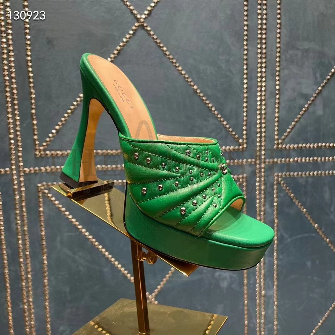 Gvc*1 Women Heeled Slide Sandals Green Leather Studs Spool High 15 Cm Heel Master Quality