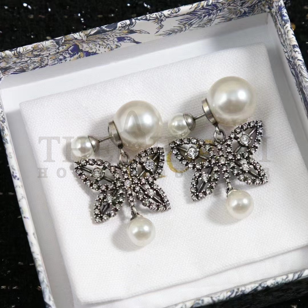 D10r Women CD Papillon De Nuit Earrings Antique Silver Metal Pearls Master Quality