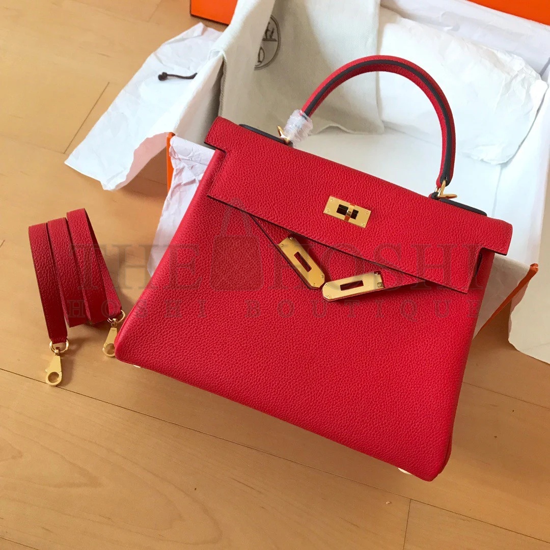 H**me5 Kelly Retourne 28 Handmade Bag In Red Clemence Leather Master Quality