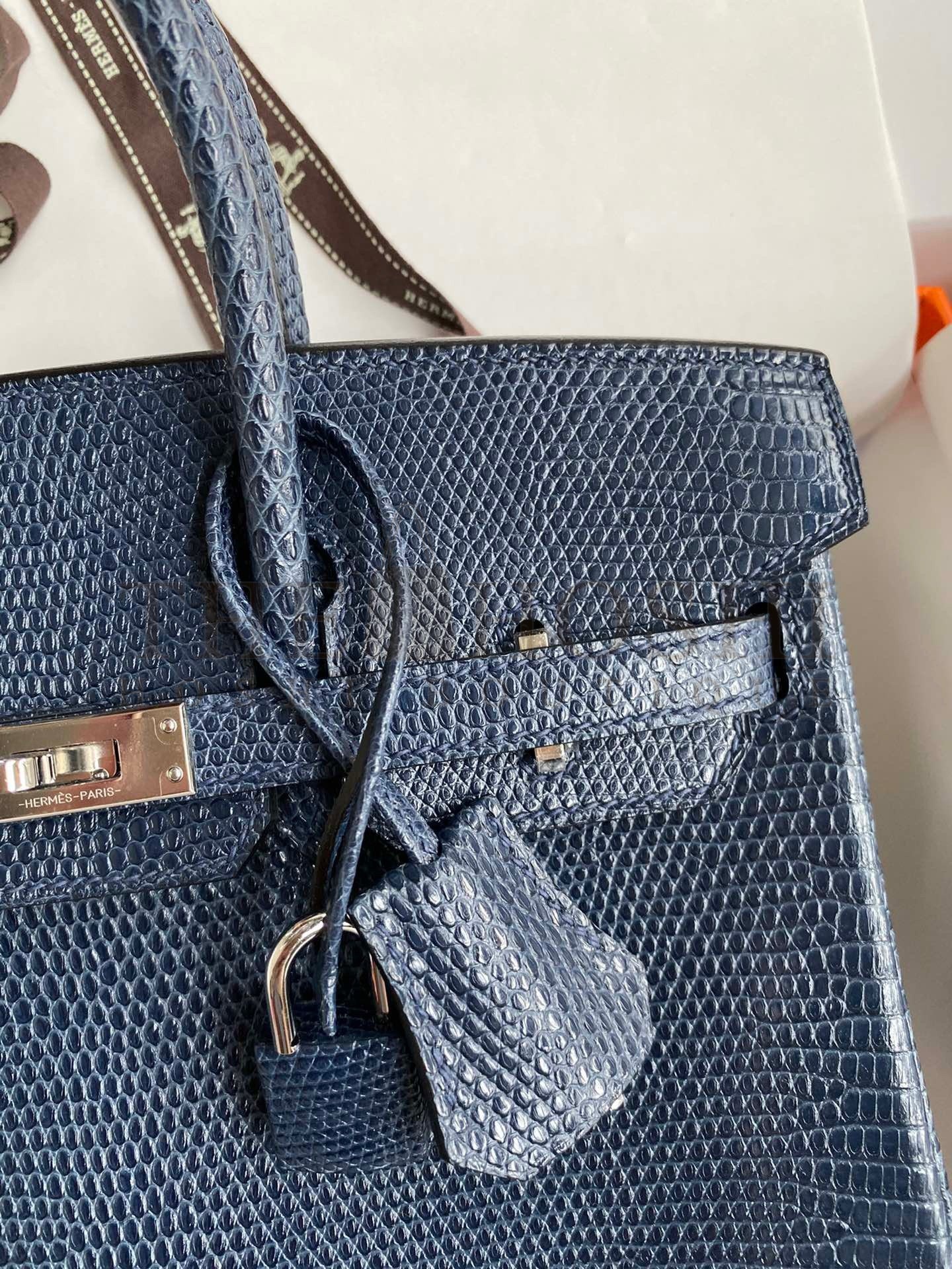 H**me5 Birkin 25 Retourne Handmade Bag In Blue Saphir Lizard Leather Master Quality