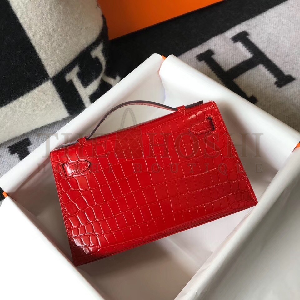 H**me5 Kelly Pochette Bag In Red Embossed Crocodile Leather Master Quality