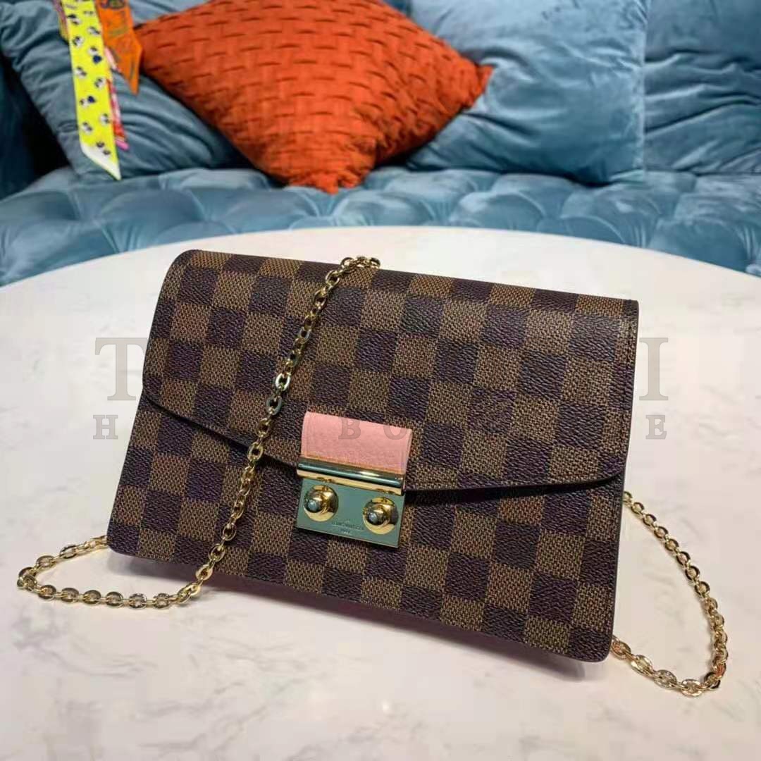 L0vis Vvtt0n LV Women Croisette Chain Wallet Magnolia Pink Damier Ebene Coated Canvas Master Quality