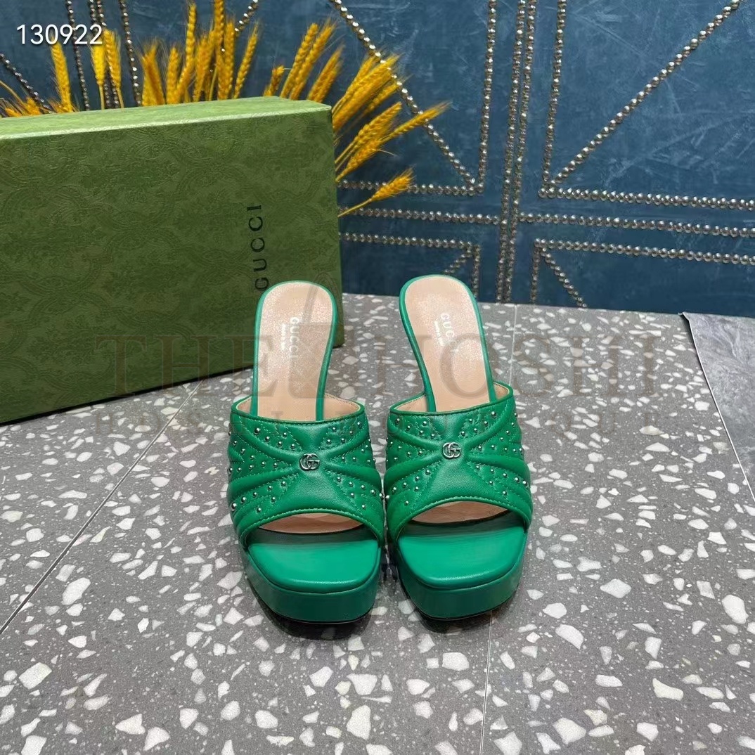 Gvc*1 Women Heeled Slide Sandals Green Leather Studs Spool High 15 Cm Heel Master Quality