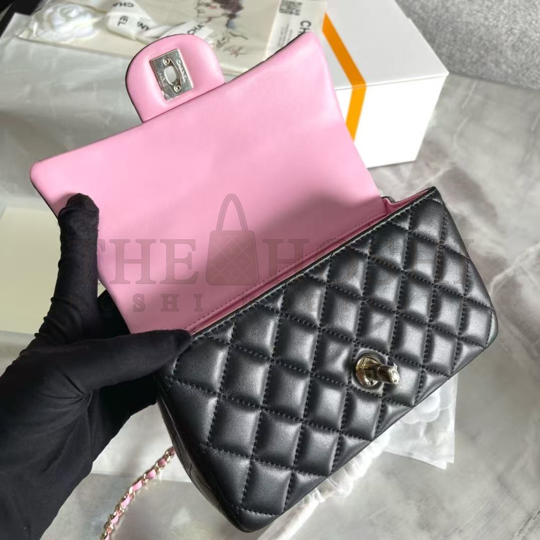 Ch**el Mini Rectangular Flap Bag withTop Handle Black and Pink Inside Master Quality